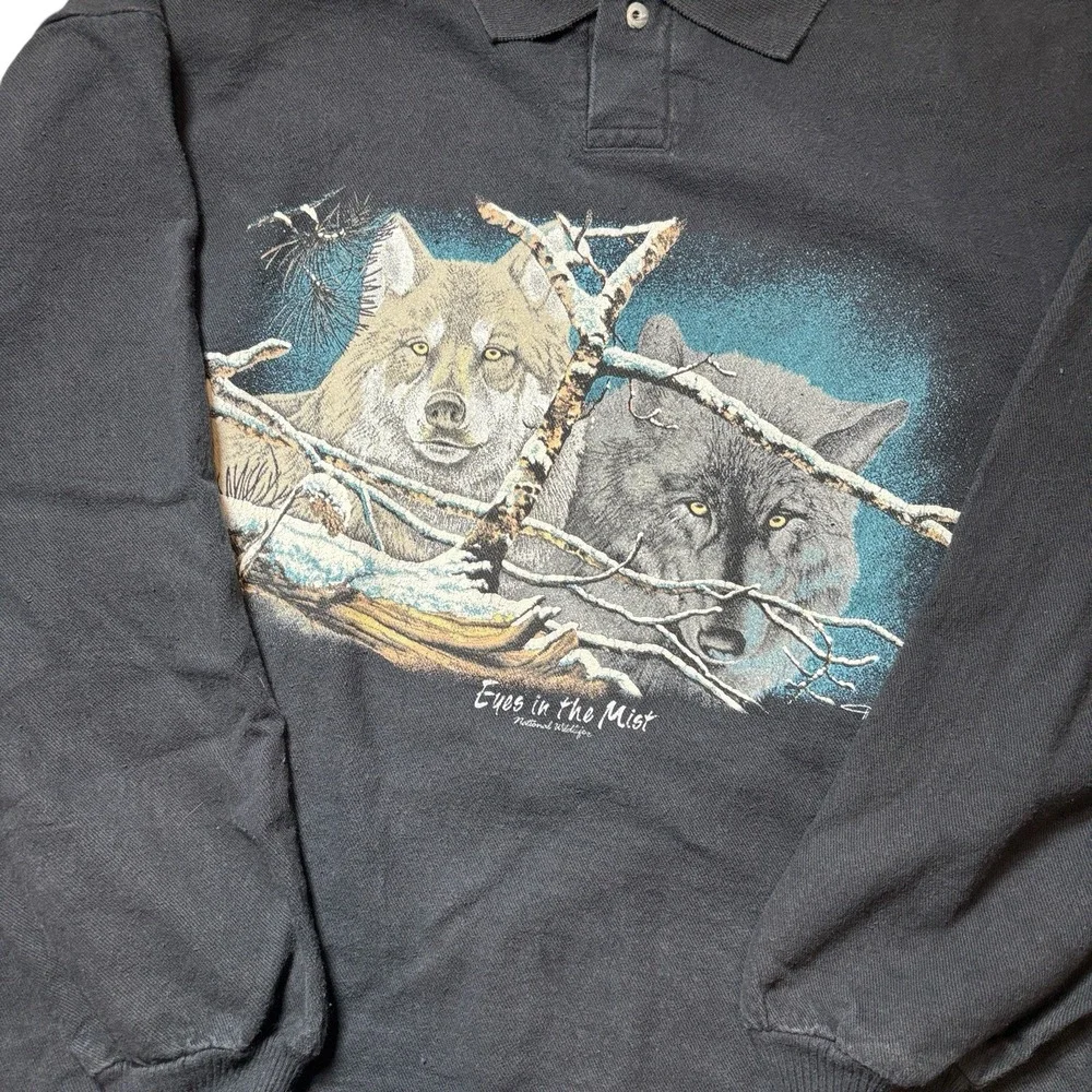 Vintage‎ Mens  Black  Wildlife Wolves Nature Rugby Sweater